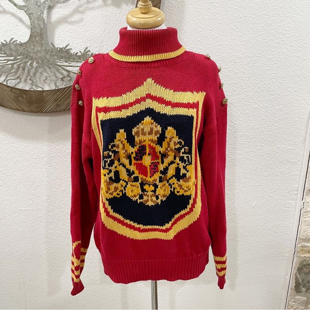 The Eagle's Eye Vintage Crest Turtleneck Sweater Gold Buttons Red Large